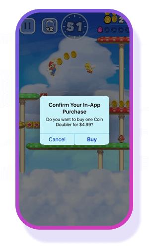 A mobile app prompts the user to buy something