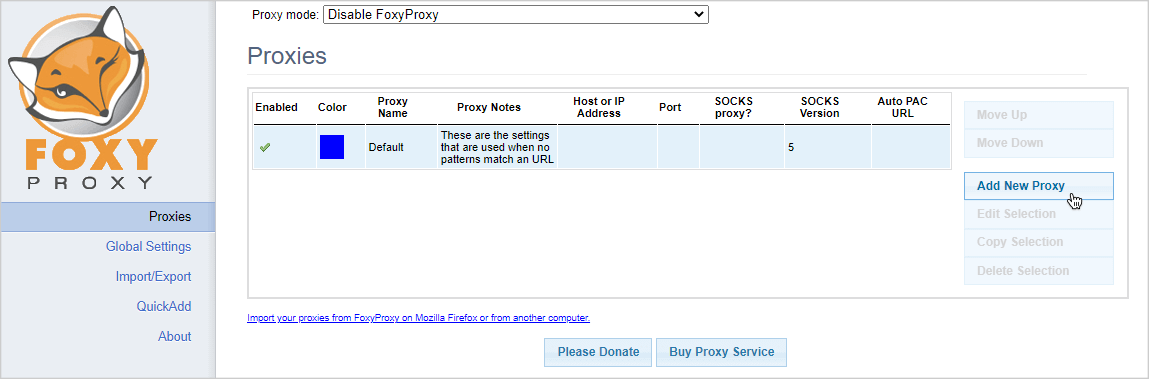 FoxyProxy new proxy menu