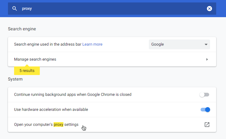 Chrome settings tab