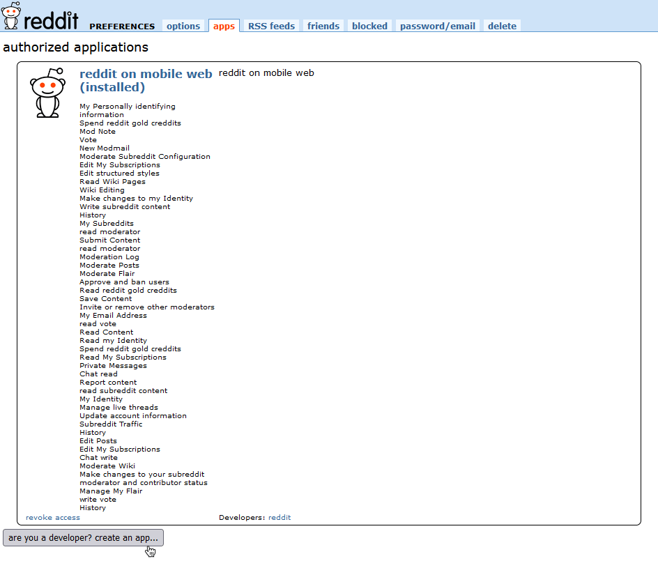 Screenshot of Reddit profile settings