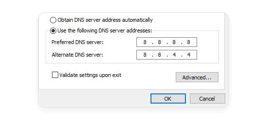 DNS preferences in Windows networking settings