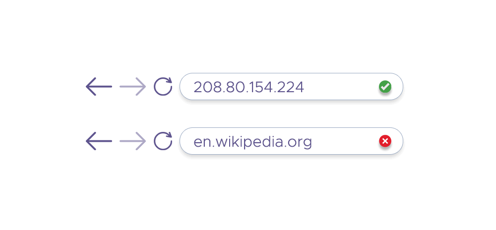 Two browser address bars with an IP address and a regular URL