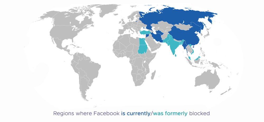 Map of countries that block (or formerly blocked) Facebook