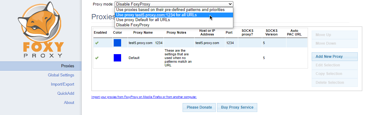 Enabling a new proxy in FoxyProxy for Chrome