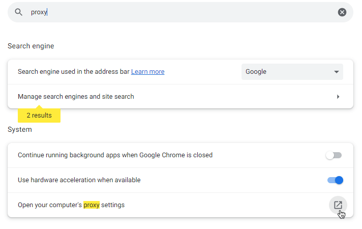 Searching for "proxy" in Google Chrome settings