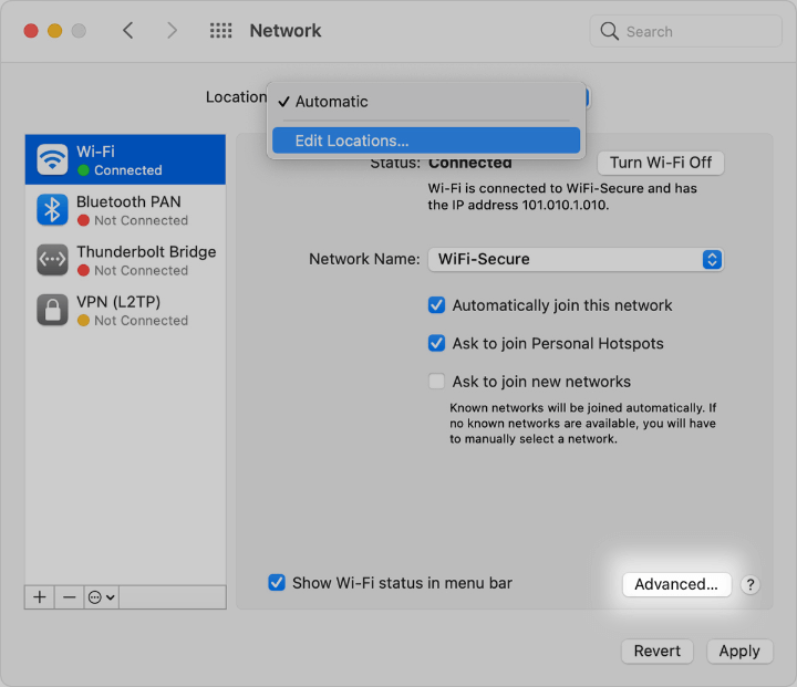 Network settings in macOS