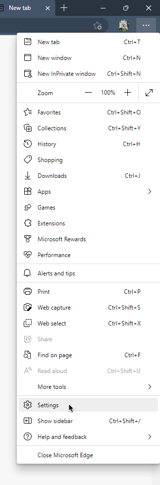 Microsoft Edge browser menu