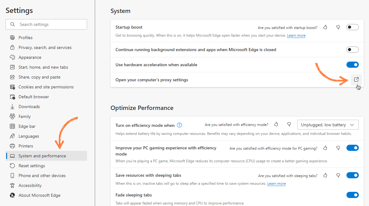 System and performance settings in Microsoft Edge