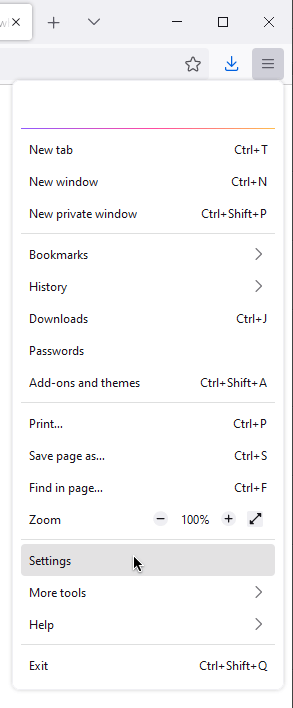 Mozilla Firefox browser menu