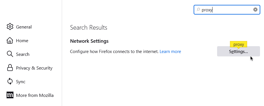 Searching for "proxy" in Mozilla Firefox settings