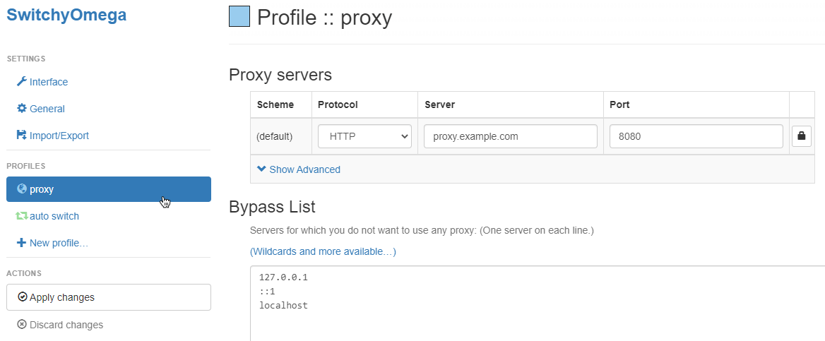 Default proxy profile in Proxy SwitchyOmega