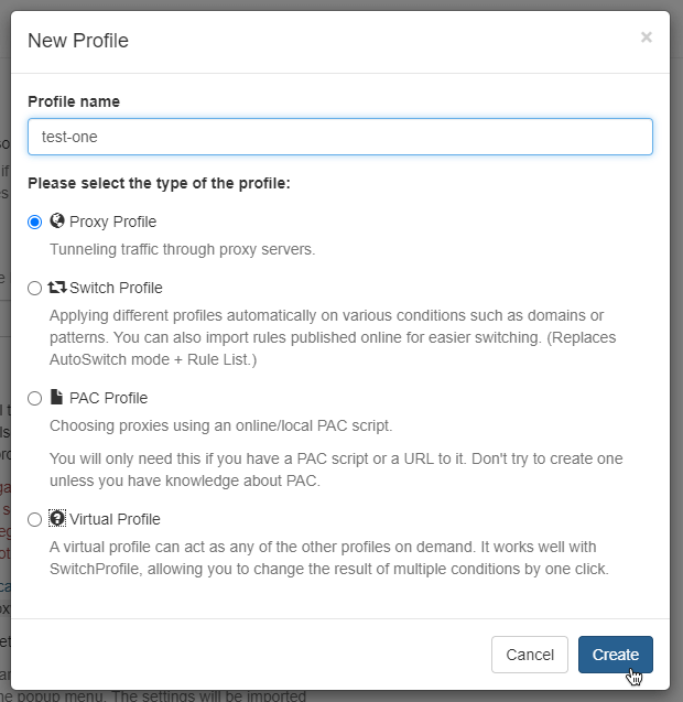 Inputting profile name and type