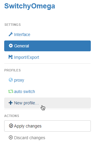 Adding a new proxy profile in Proxy SwitchyOmega