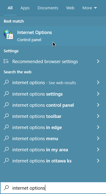 Searching for "internet options" in the Start menu