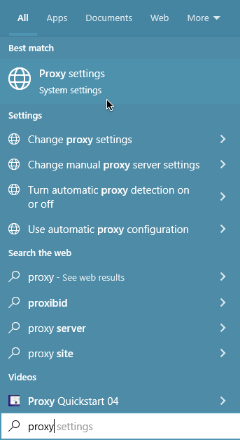 Searching for "proxy" in the Start menu