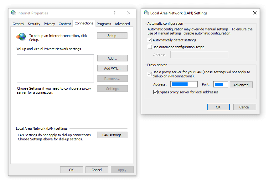 LAN settings showing proxy details in Windows