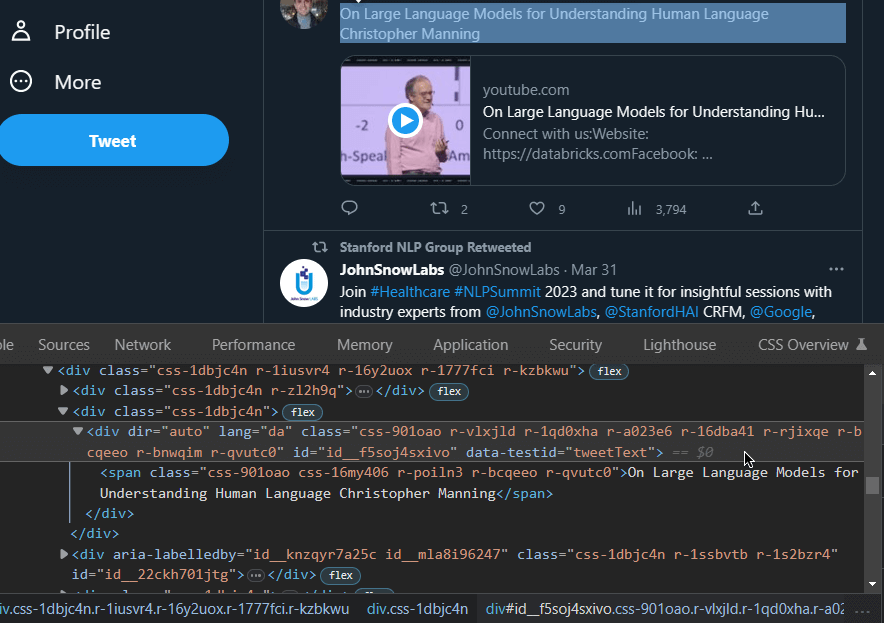 Browsing Twitter HTML elements via dev tools