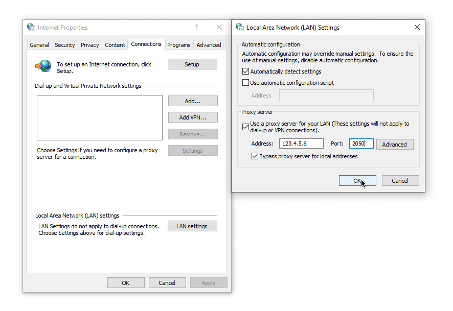 Proxy settings in Windows Control Panel