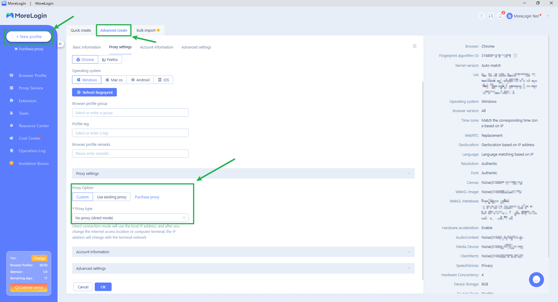 MoreLogin proxy settings window