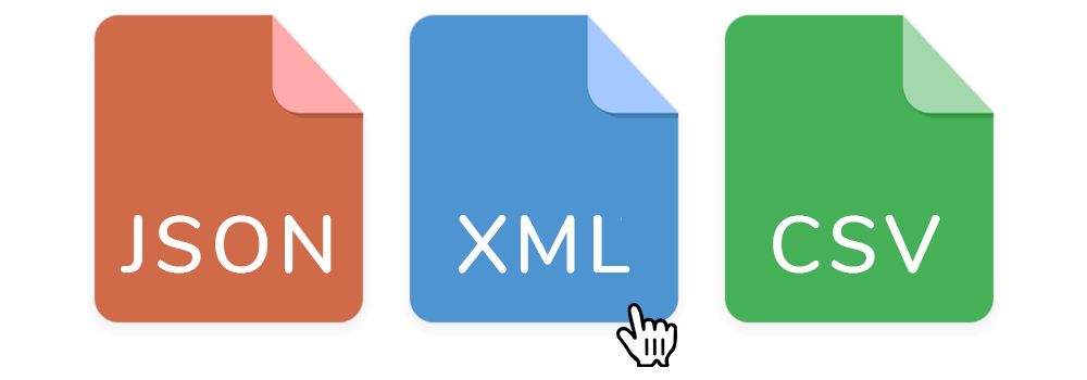 JSON, XML, and CSV icons