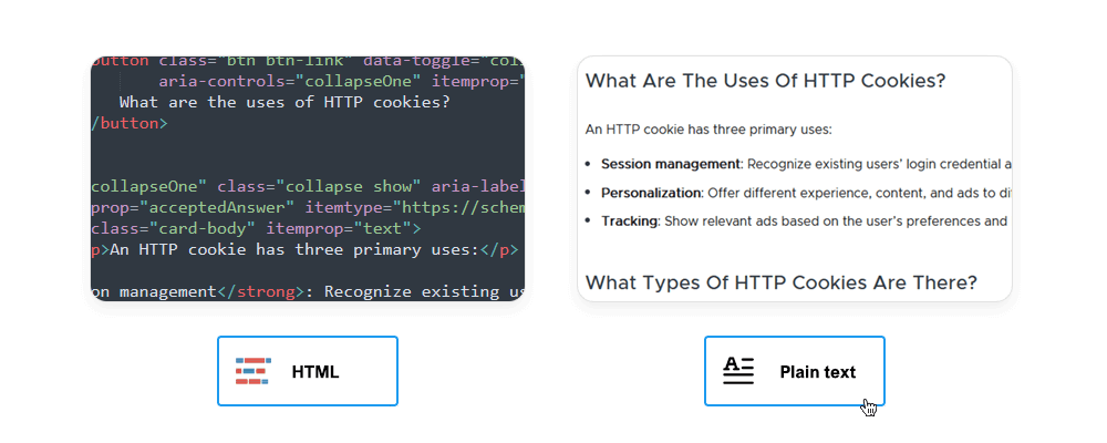 Website's raw HTML and visual components