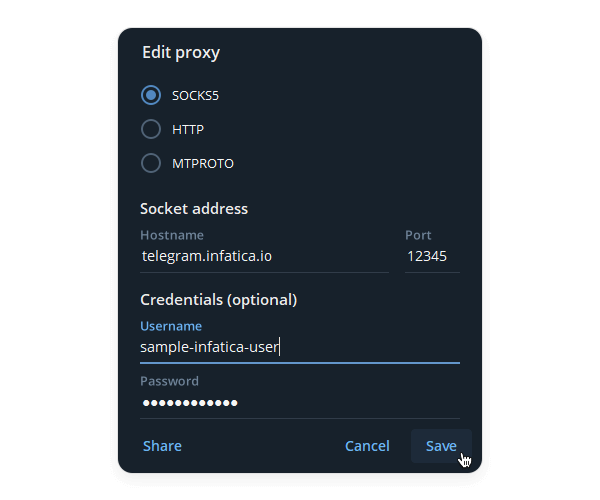 Proxy settings in Telegram's desktop app