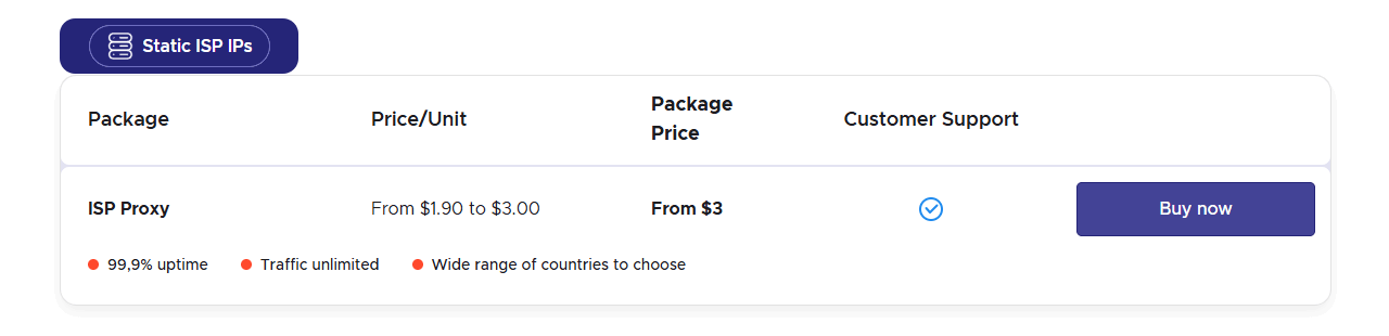 Infatica's updated pricing for Static ISP proxies