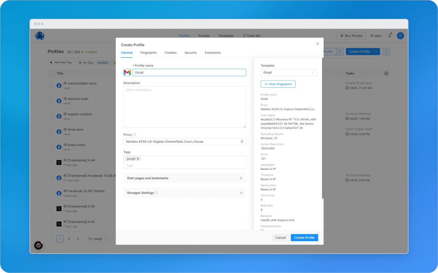Profile creation window