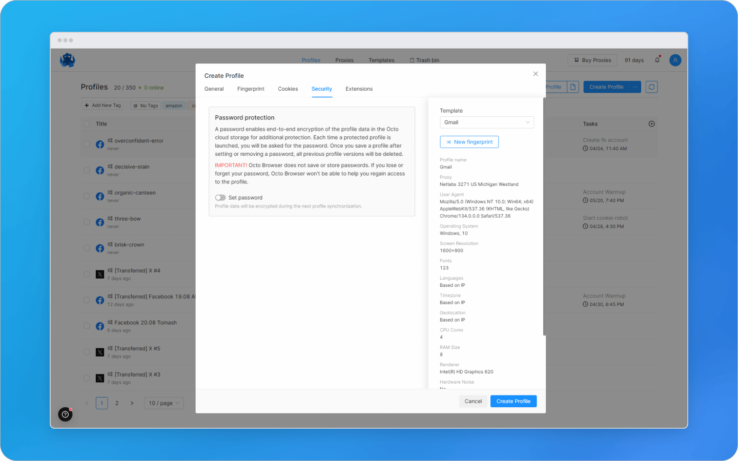 Password setup in Octo Browser