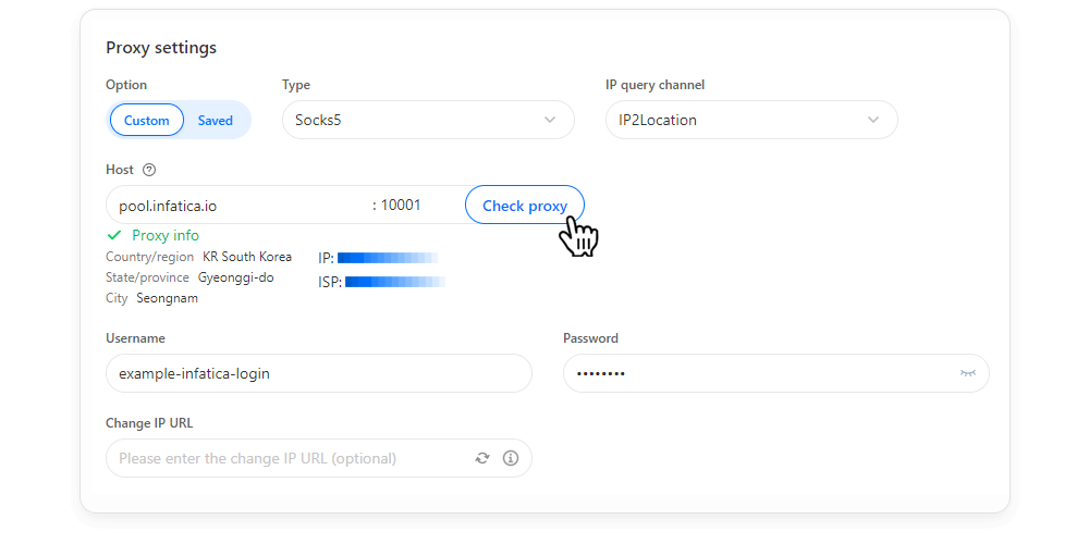 Inputting Infatica proxy credentials into GeeLark