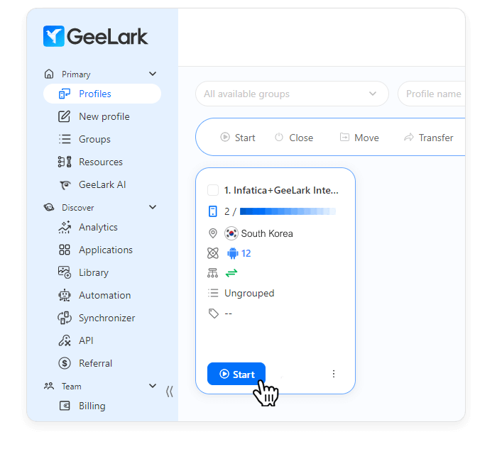 GeeLark browser's home screen