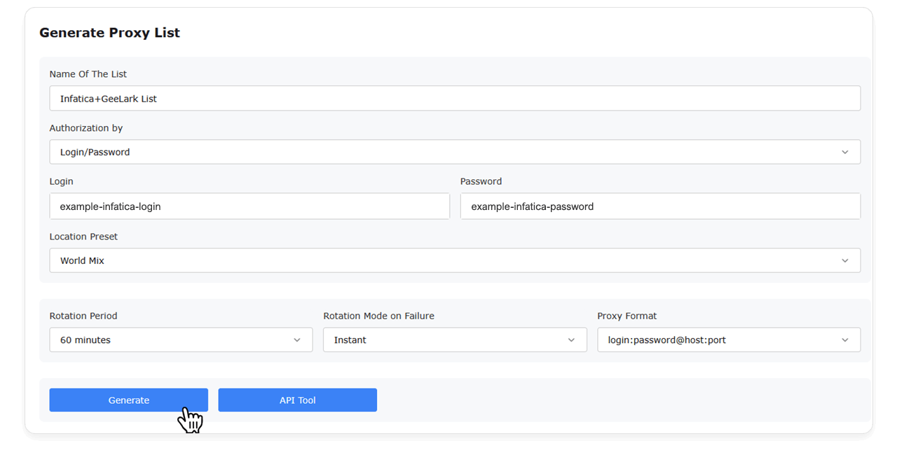 Infatica proxy list setup interface