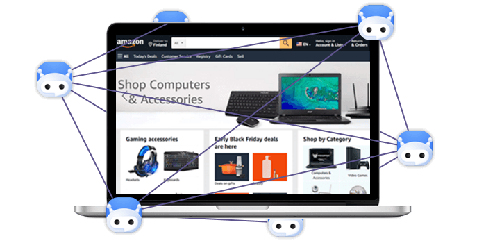 A network of shopping bots surrounding an e-commerce storefront