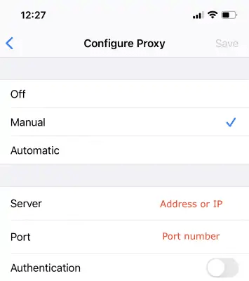 Proxy server and port fields