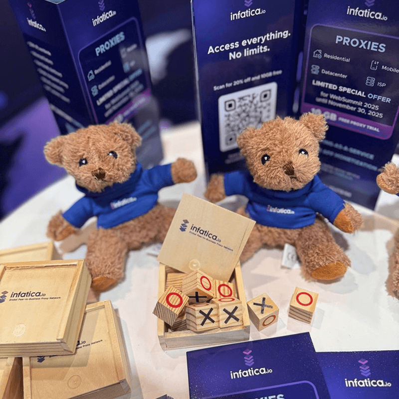 Infatica branded merch at a conference booth